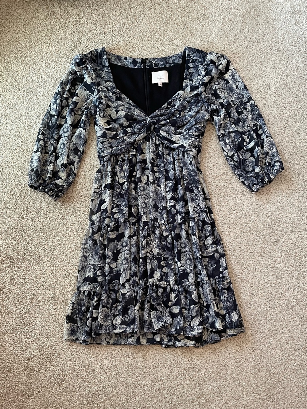 Cinq a Sept navy ivory floral babydoll mini dress ruffle tiered sheer sleeves 2